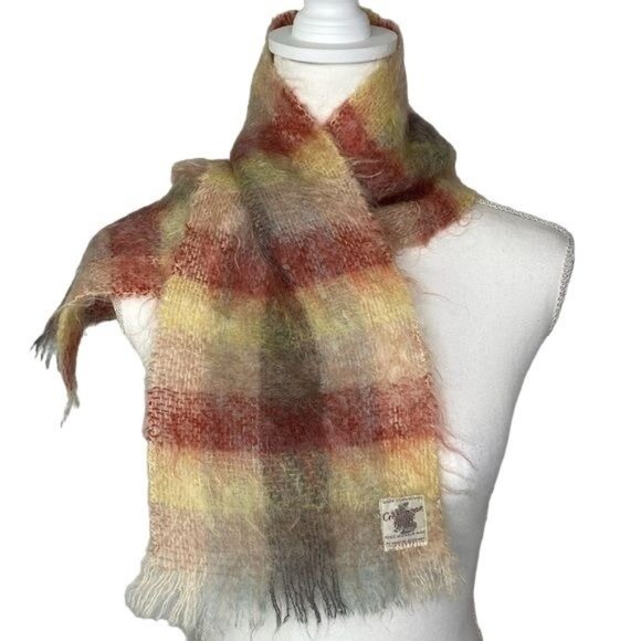 Vintage Creagaran Mills 100% Mohair plaid scarf made in Scotland yellow red - Picture 1 of 8
